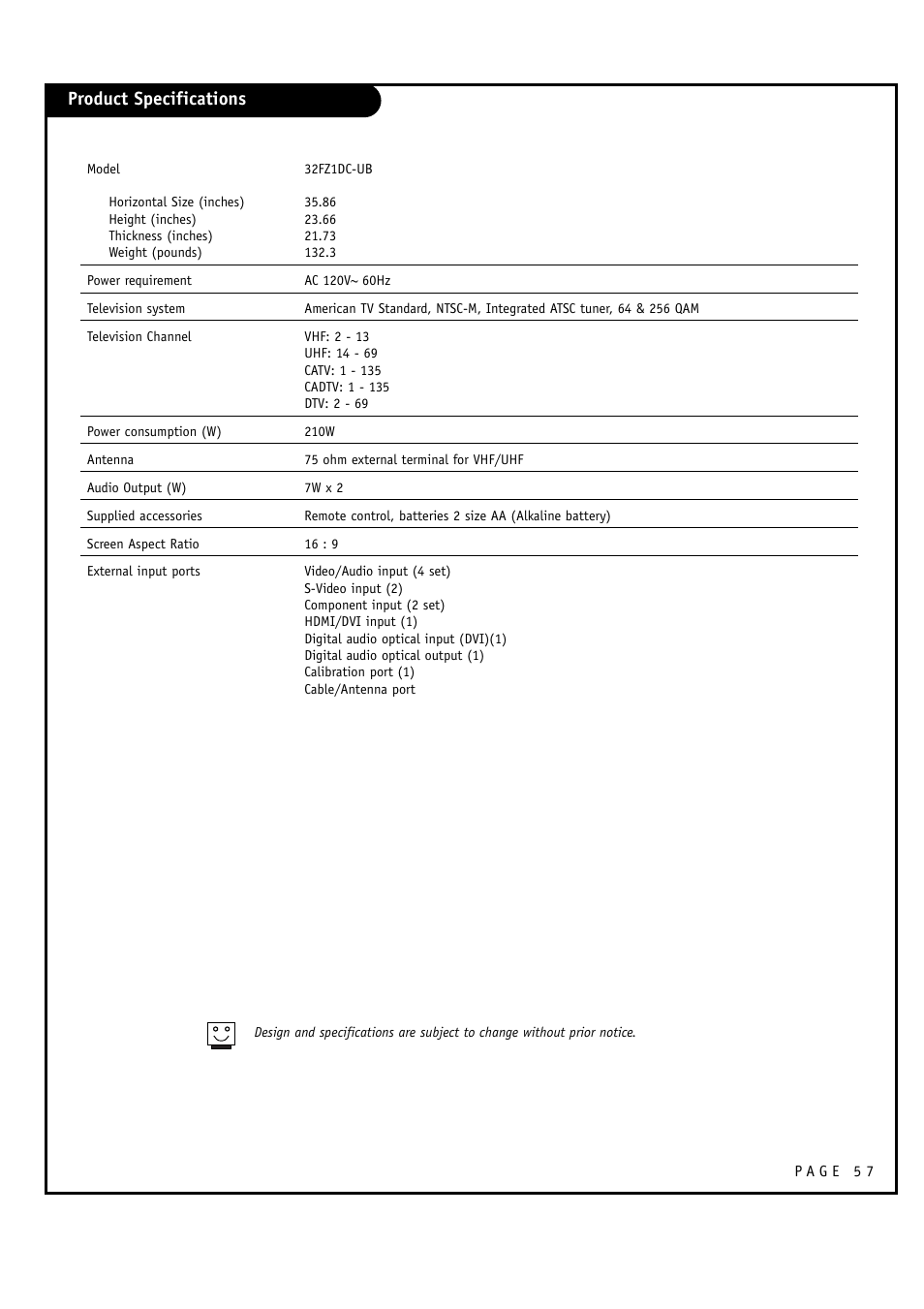 Product specifications | LG 30FZ1DC User Manual | Page 57 / 60