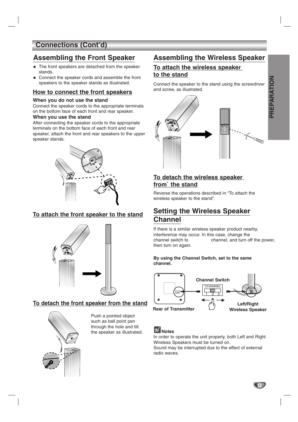 Connections (cont’d), Assembling the front speaker, Assembling the wireless speaker | Setting the wireless speaker channel | LG HTW316 User Manual | Page 13 / 40