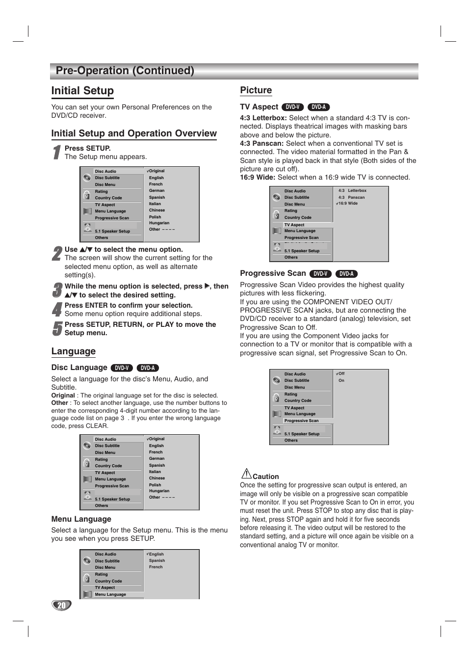 Pre-operation (continued) initial setup, Initial setup and operation overview, Language | Picture, Disc language, Menu language, Tv aspect, Progressive scan | LG HTW316 User Manual | Page 20 / 40