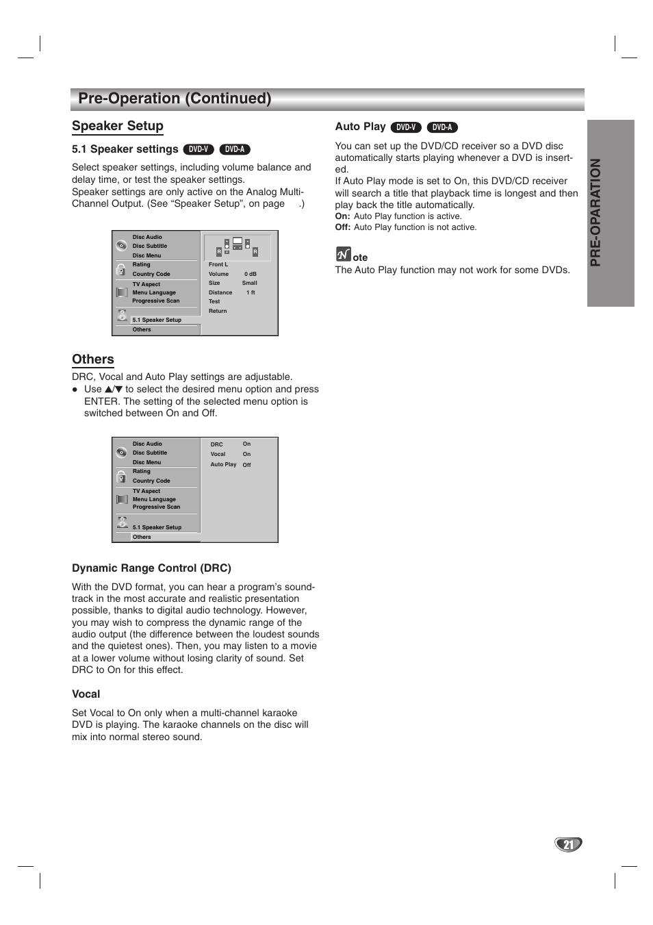 Pre-operation (continued), Pre-op ara tion, Speaker setup | Others, 1 speaker settings, Dynamic range control (drc), Vocal, Auto play | LG HTW316 User Manual | Page 21 / 40