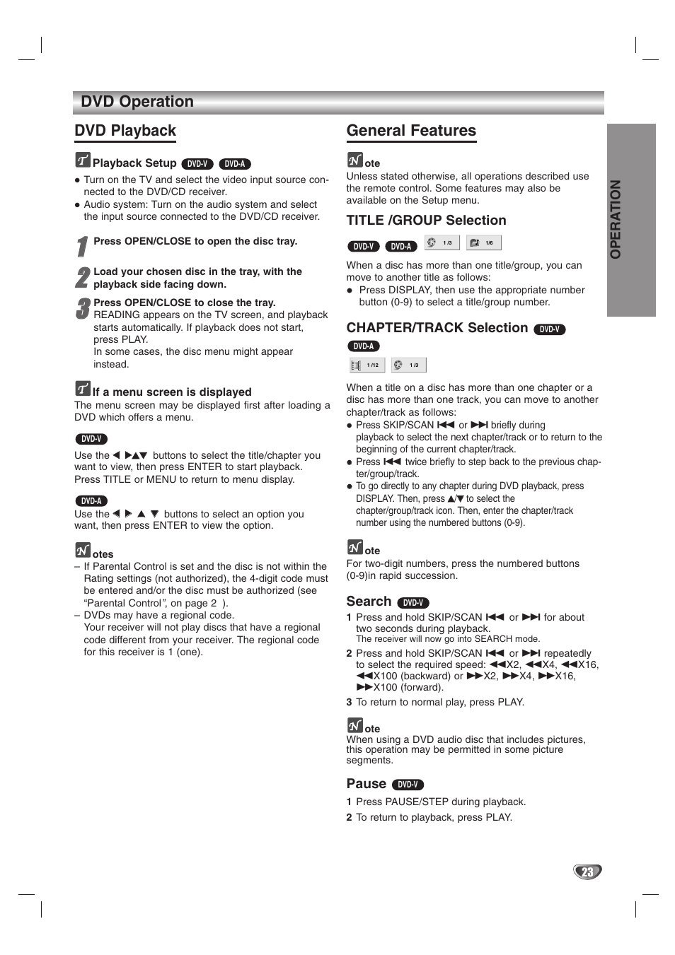 Dvd operation dvd playback, General features, Opera tion | Title /group selection, Chapter/track selection, Search, Pause | LG HTW316 User Manual | Page 23 / 40