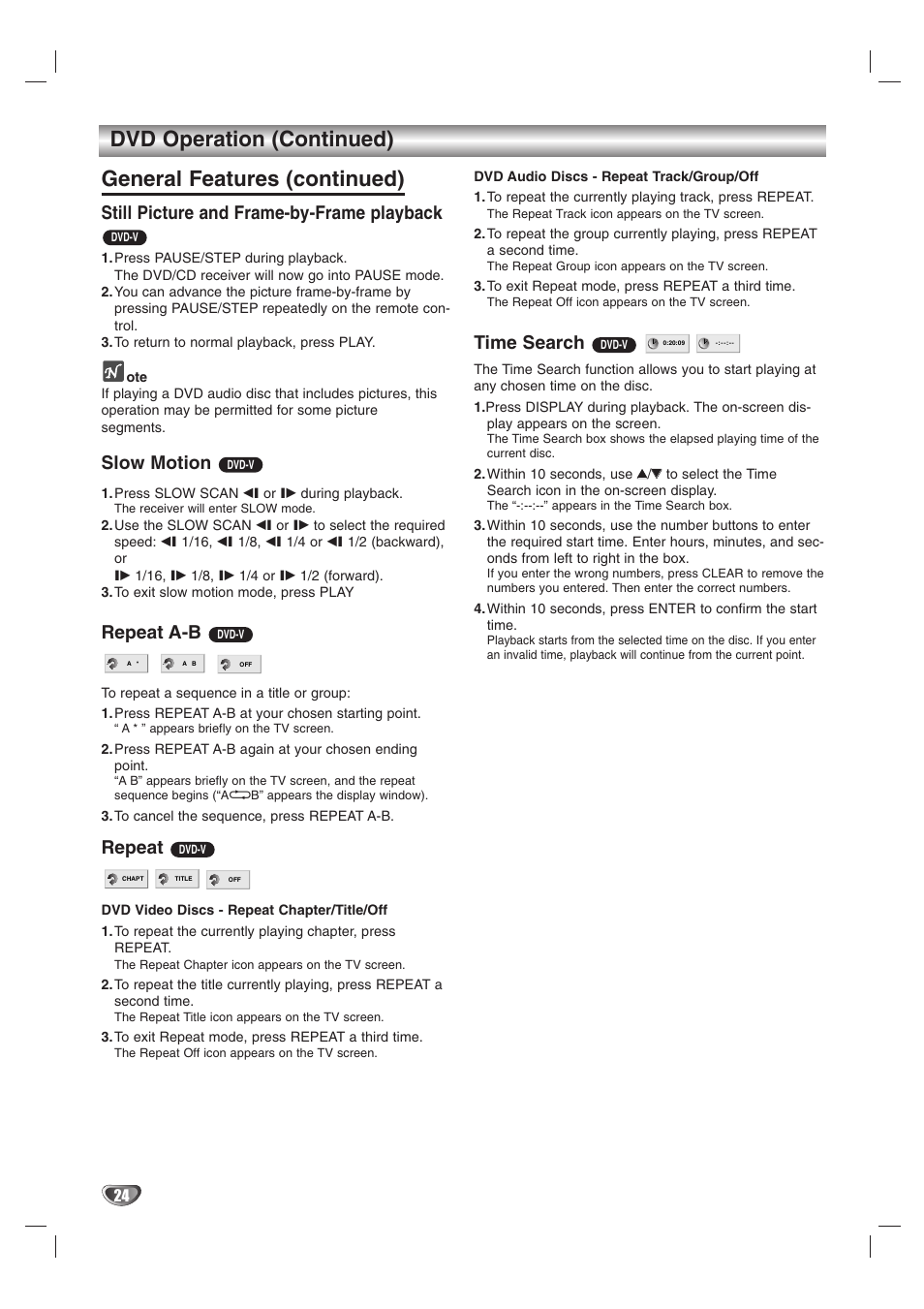 Still picture and frame-by-frame playback, Slow motion, Repeat a-b | Repeat, Time search | LG HTW316 User Manual | Page 24 / 40