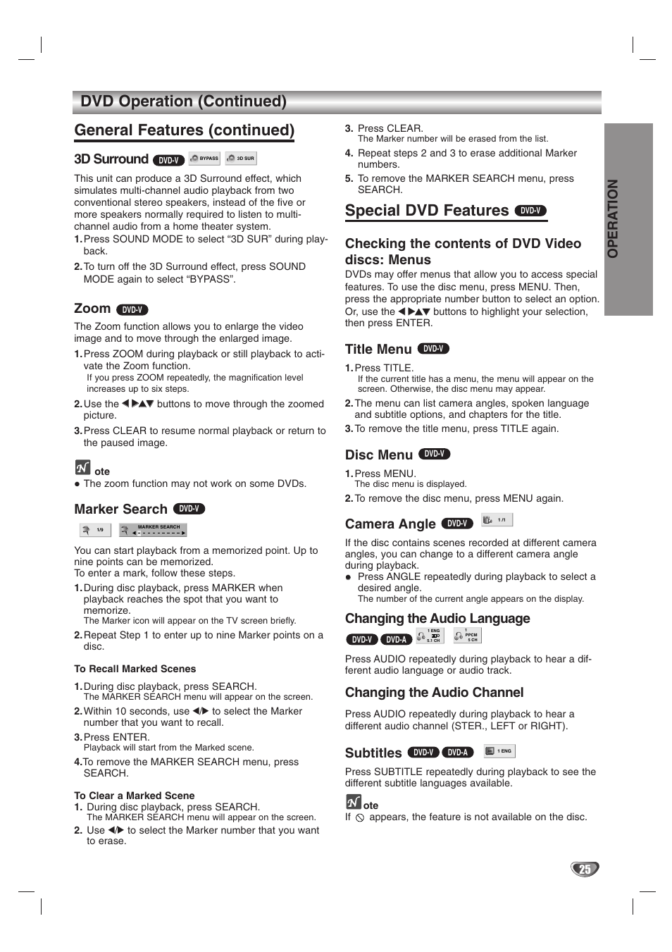 Special dvd features, Opera tion, 3d surround | Zoom, Marker search, Checking the contents of dvd video discs: menus, Title menu, Disc menu, Camera angle, Changing the audio language | LG HTW316 User Manual | Page 25 / 40