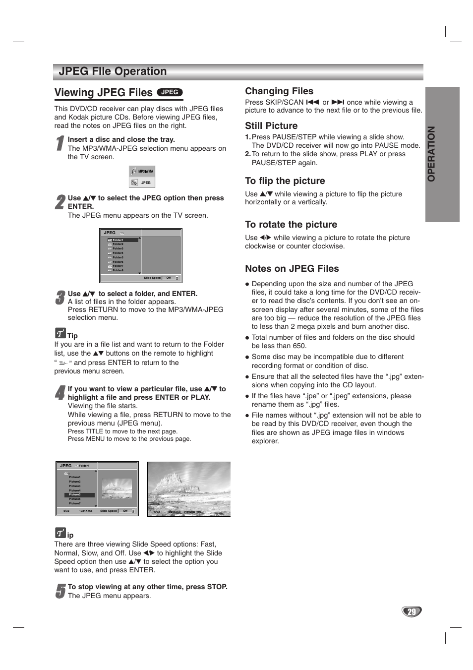 Jpeg file operation viewing jpeg files, Opera tion, Changing files | Still picture | LG HTW316 User Manual | Page 29 / 40