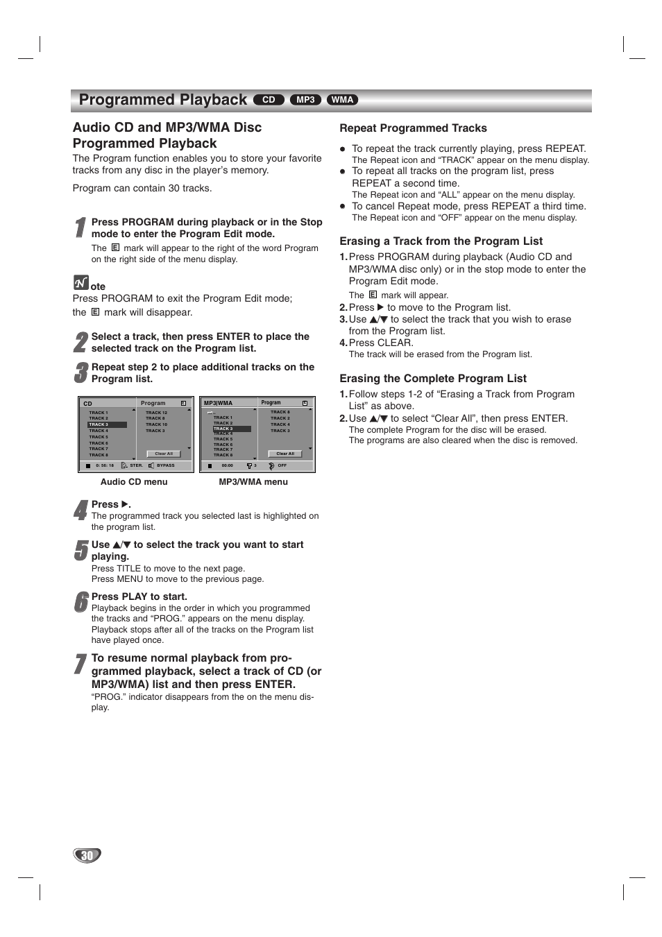 Programmed playback, Audio cd and mp3/wma disc programmed playback | LG HTW316 User Manual | Page 30 / 40