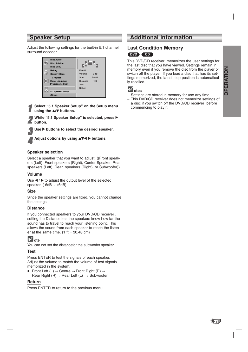 Speaker setup, Additional information, Opera tion | LG HTW316 User Manual | Page 31 / 40