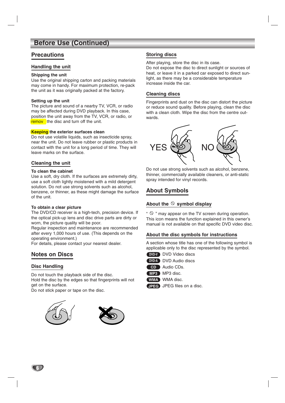 Yes no, Before use (continued), Precautions | About symbols | LG HTW316 User Manual | Page 6 / 40