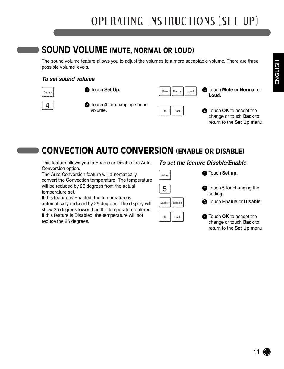 Sound volume, Convection auto conversion, Mute, normal or loud) | Enable or disable) | LG LWD3081ST User Manual | Page 11 / 42
