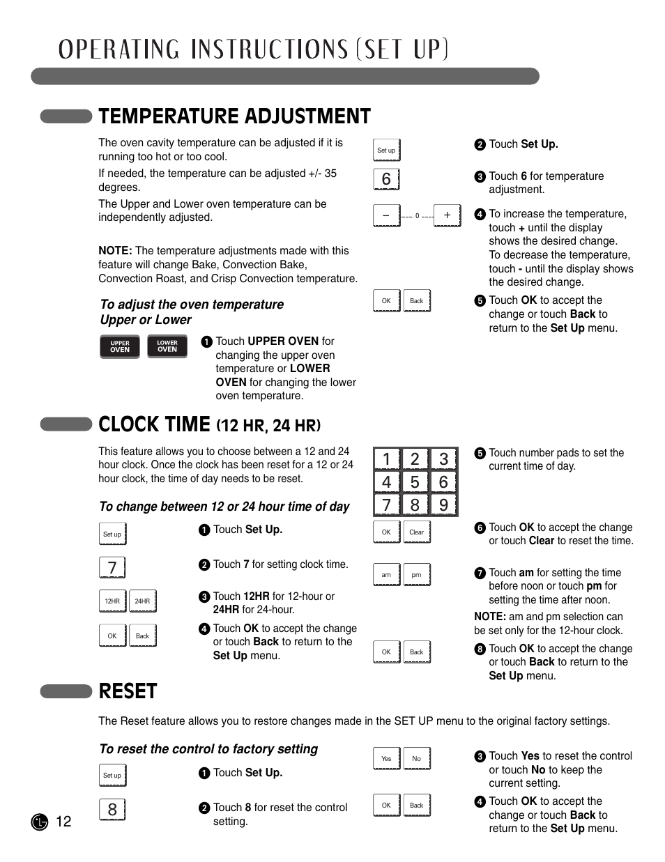 Temperature adjustment clock time, Reset, 12 hr, 24 hr) | LG LWD3081ST User Manual | Page 12 / 42