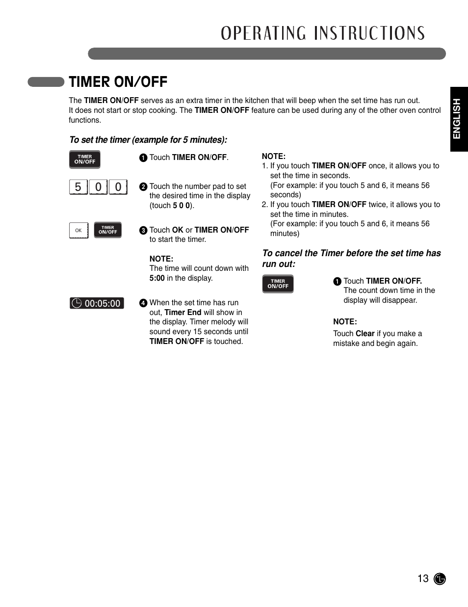 Timer on/off | LG LWD3081ST User Manual | Page 13 / 42