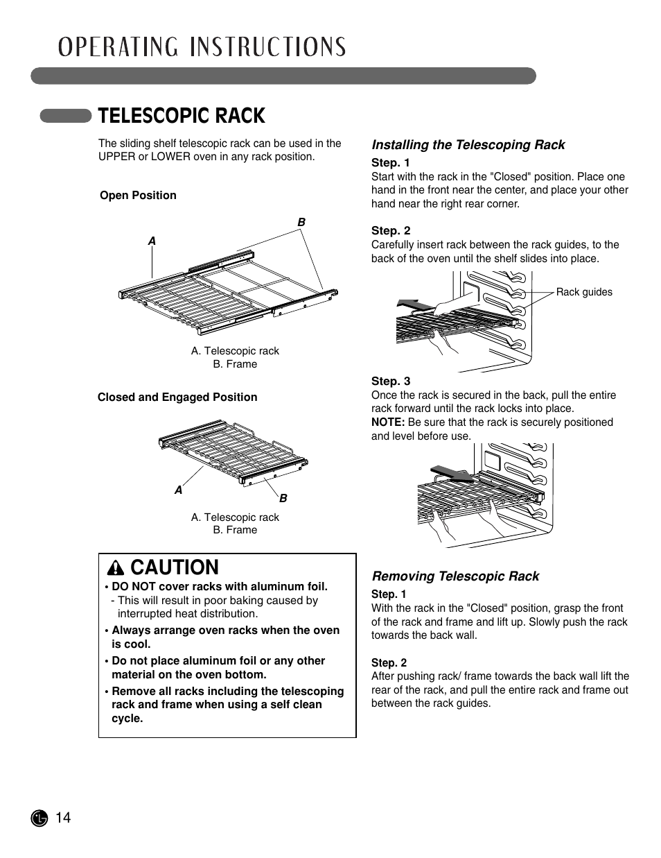 Telescopic rack, Caution | LG LWD3081ST User Manual | Page 14 / 42