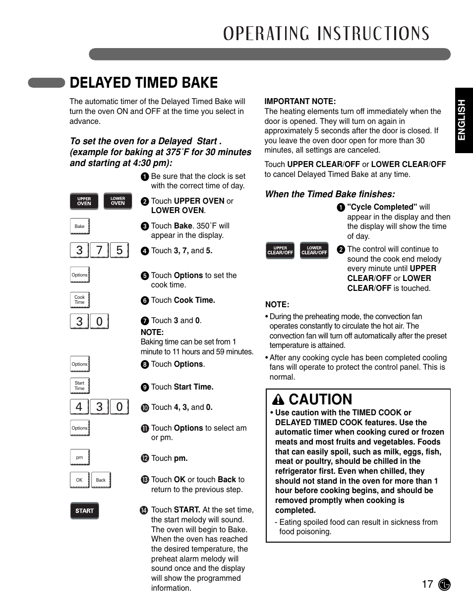 Delayed timed bake, Caution | LG LWD3081ST User Manual | Page 17 / 42