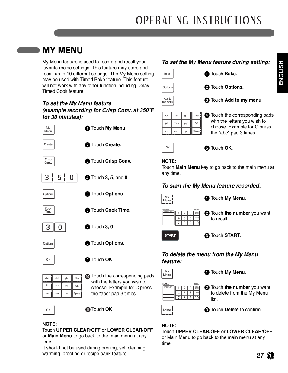 My menu, English, Touch my menu | Touch create, Touch crisp conv, Touch 3, 5, and 0, Touch options, Touch cook time, Touch 3, 0, Touch bake | LG LWD3081ST User Manual | Page 27 / 42