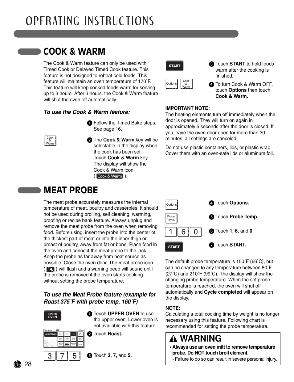 Cook & warm, Warning, Meat probe | LG LWD3081ST User Manual | Page 28 / 42