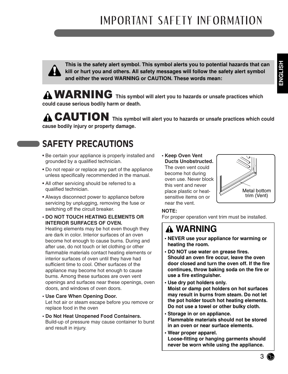Warning, Caution, Read all instructions before use | Safety precautions | LG LWD3081ST User Manual | Page 3 / 42