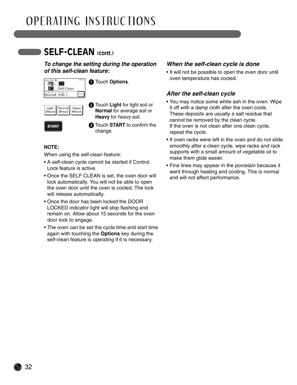 Self-clean, When the self-clean cycle is done, After the self-clean cycle | LG LWD3081ST User Manual | Page 32 / 42