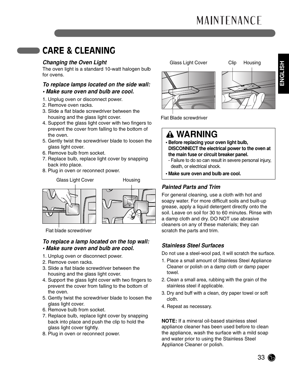 Care & cleaning, Warning | LG LWD3081ST User Manual | Page 33 / 42