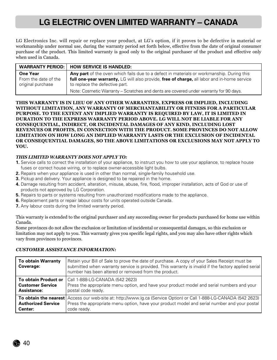 Lg electric oven limited warranty – canada | LG LWD3081ST User Manual | Page 40 / 42