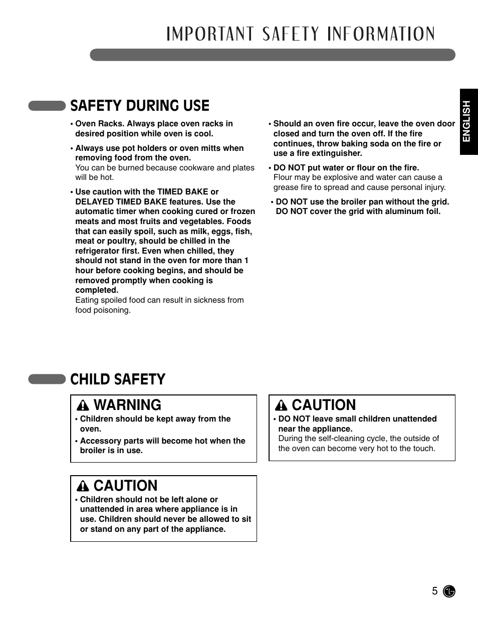 Read all instructions before use, Safety during use, Child safety | Warning, Caution | LG LWD3081ST User Manual | Page 5 / 42