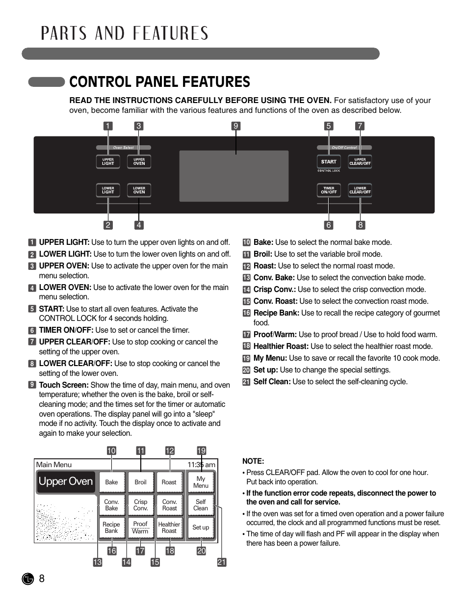Control panel features, Upper oven | LG LWD3081ST User Manual | Page 8 / 42