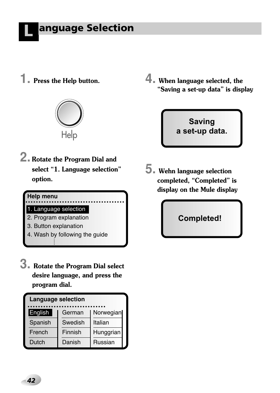 Anguage selection, Help | LG WD(M)-14100FD User Manual | Page 13 / 29