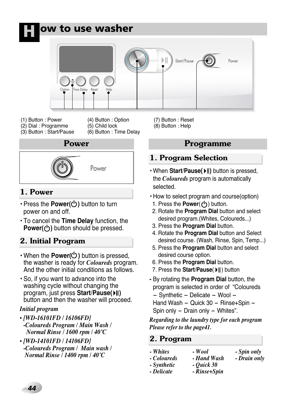 Ow to use washer, Programme, Power | Power 2. initial program, Program selection 2. program | LG WD(M)-14100FD User Manual | Page 15 / 29