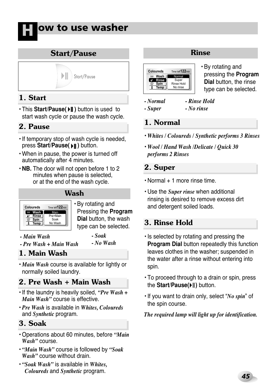 Ow to use washer, Start/pause, Soak | Normal 2. super 3. rinse hold rinse | LG WD(M)-14100FD User Manual | Page 16 / 29