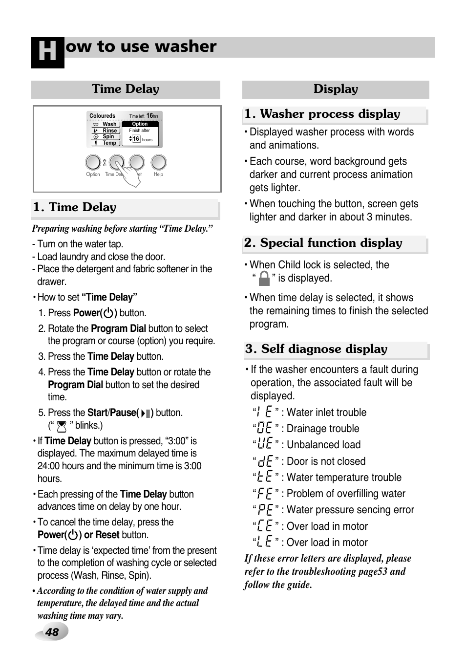 Ow to use washer, Time delay 1. time delay, Display | Special function display, Washer process display 3. self diagnose display | LG WD(M)-14100FD User Manual | Page 19 / 29