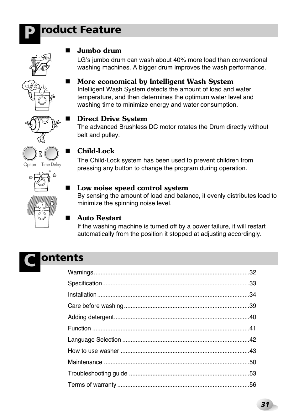 Roduct feature, Ontents | LG WD(M)-14100FD User Manual | Page 2 / 29