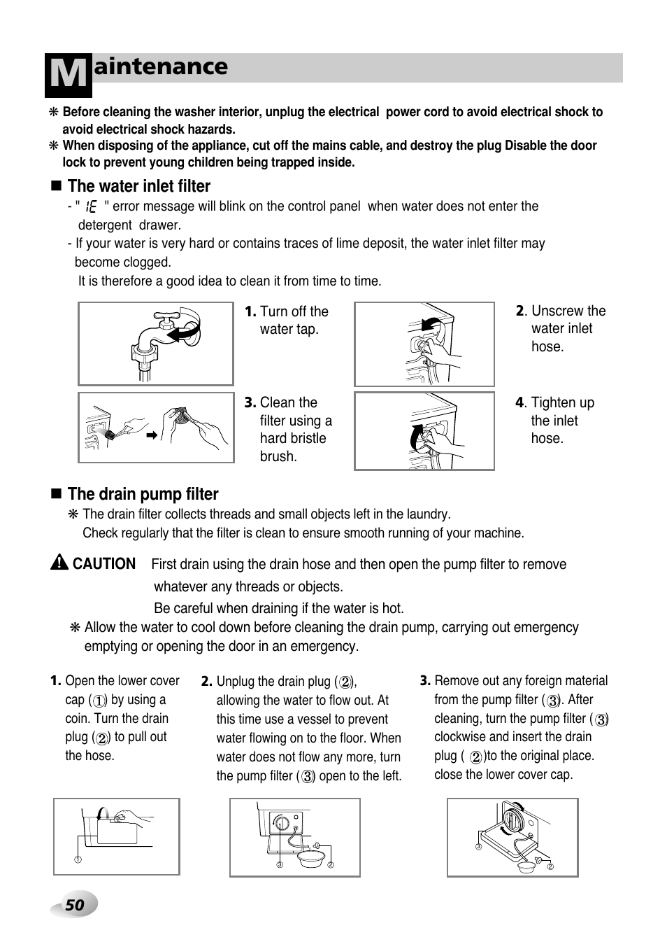 Aintenance, The water inlet filter, The drain pump filter | LG WD(M)-14100FD User Manual | Page 21 / 29