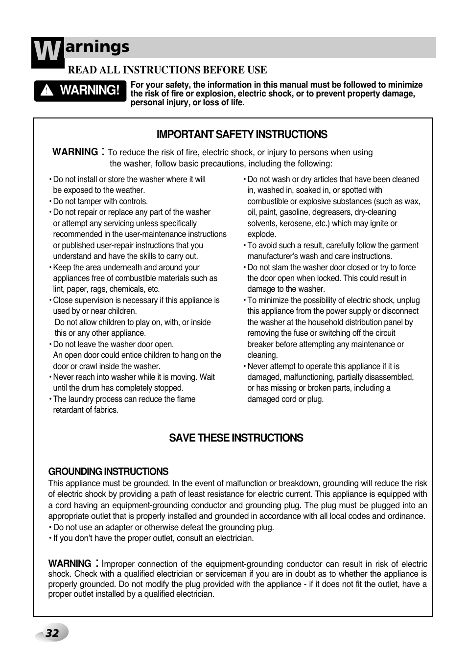 Arnings, Warning | LG WD(M)-14100FD User Manual | Page 3 / 29