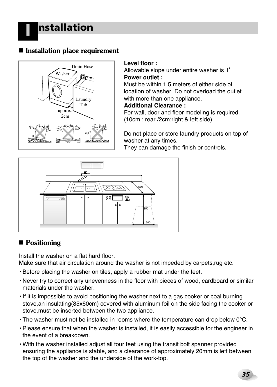 Nstallation, Installation place requirement, Positioning | LG WD(M)-14100FD User Manual | Page 6 / 29