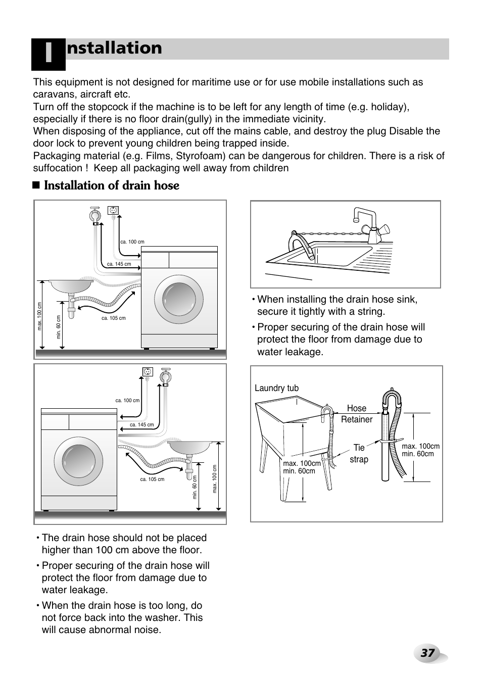 Nstallation, Installation of drain hose | LG WD(M)-14100FD User Manual | Page 8 / 29