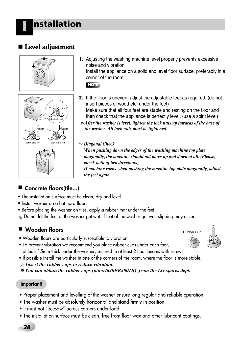 Nstallation, Level adjustment | LG WD(M)-14100FD User Manual | Page 9 / 29