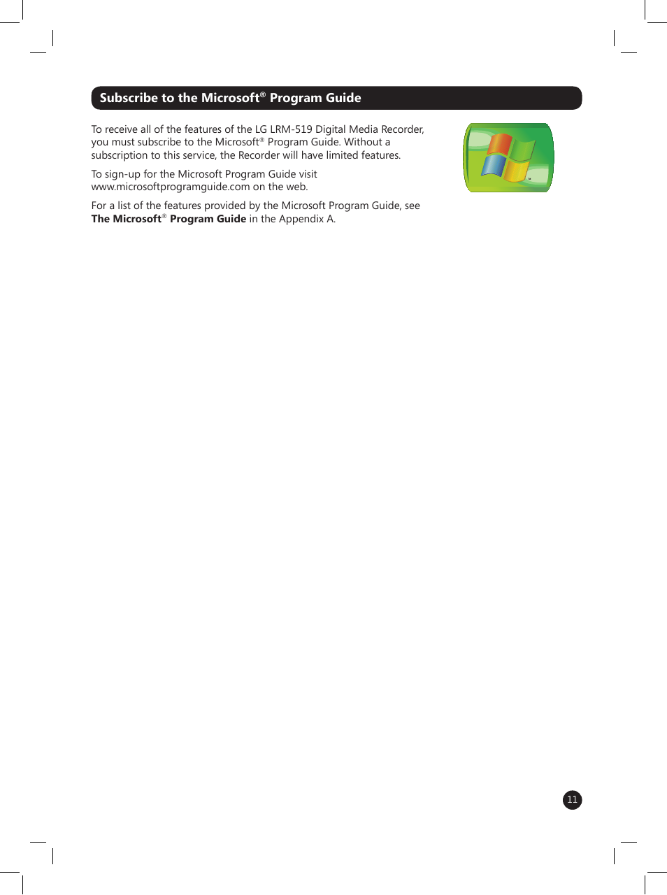 Subscribe to the microsoft, Program guide | LG LRM-519 User Manual | Page 11 / 74
