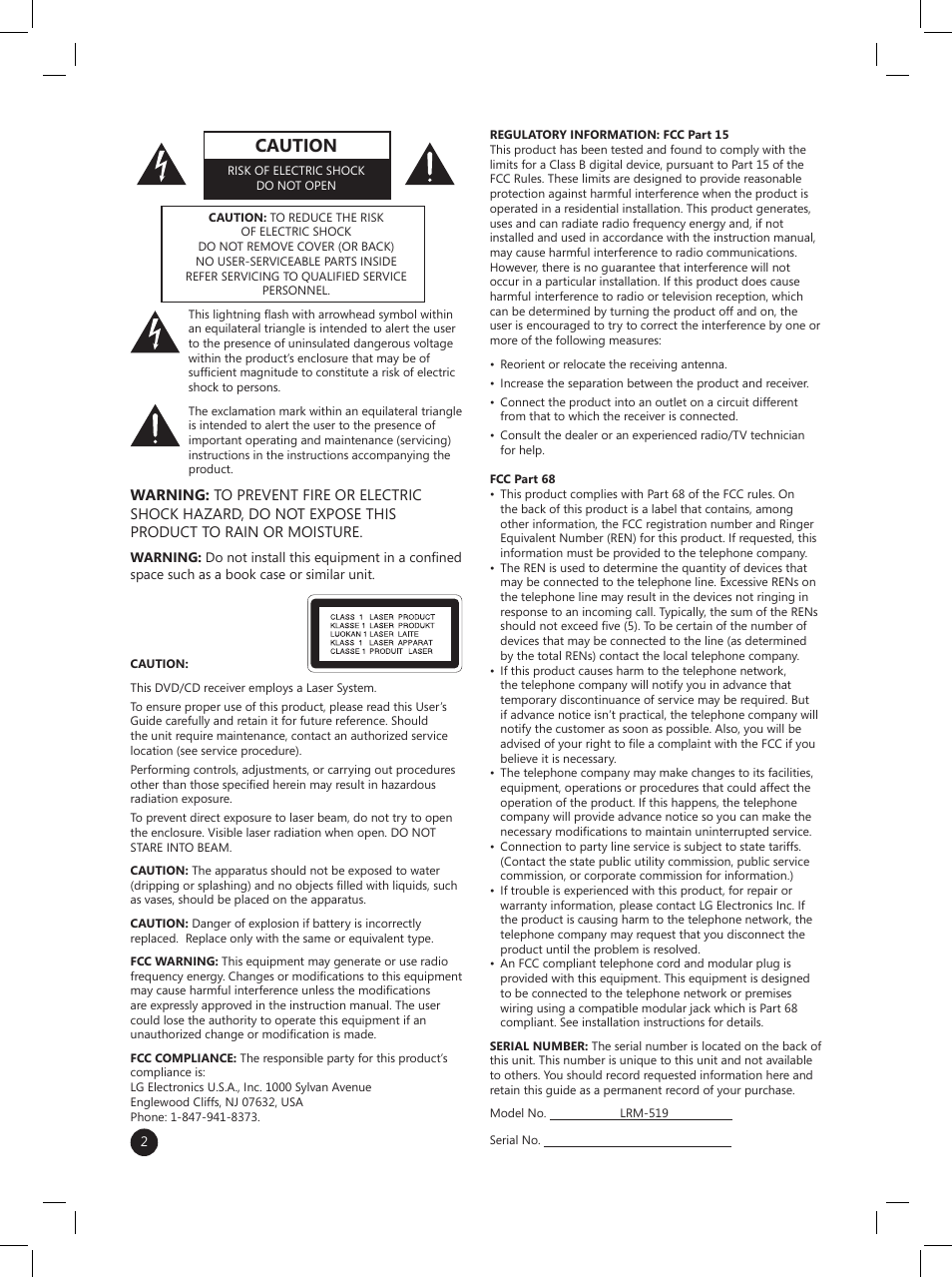 Caution | LG LRM-519 User Manual | Page 2 / 74