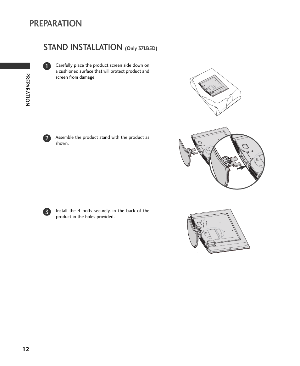 Preparation, Stand installation | LG 32LB9D User Manual | Page 12 / 36