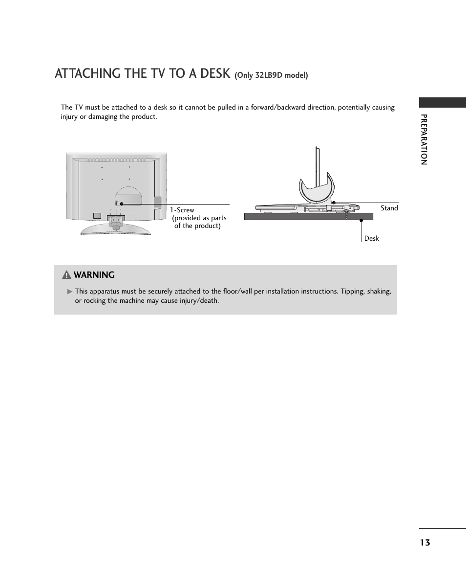 Attaching the tv to a desk | LG 32LB9D User Manual | Page 13 / 36