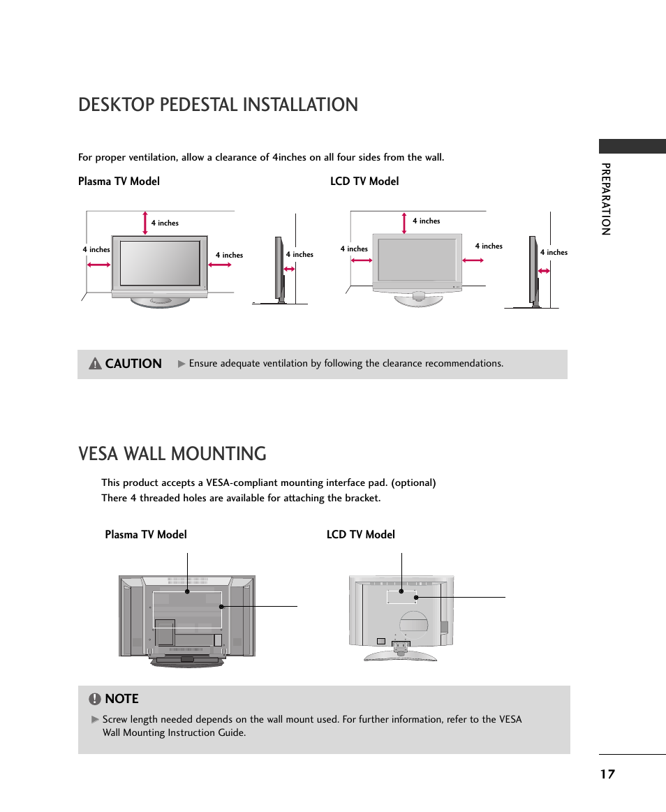 Desktop pedestal installation vesa wall mounting, Caution | LG 32LB9D User Manual | Page 17 / 36