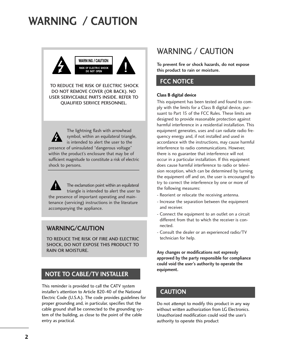 Warning / caution, Fcc notice, Caution | Warning/caution | LG 32LB9D User Manual | Page 2 / 36