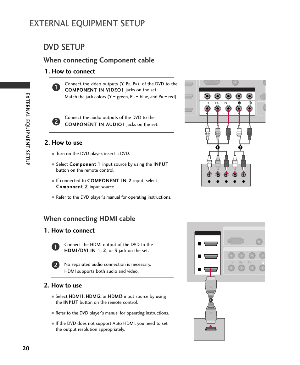 External equipment setup, Dvd setup, When connecting component cable | When connecting hdmi cable, How to connect 2. how to use | LG 32LB9D User Manual | Page 20 / 36