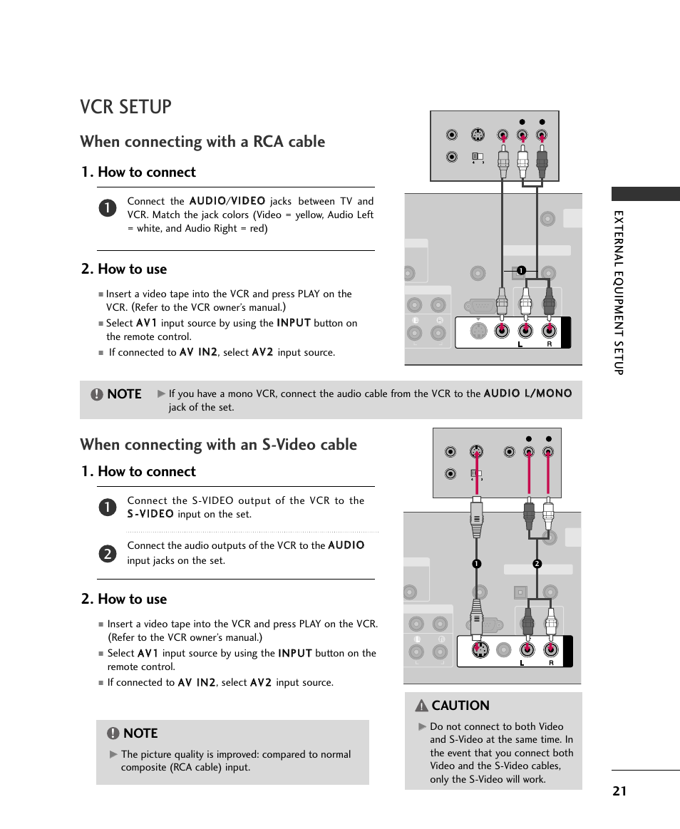 Vcr setup, When connecting with a rca cable, When connecting with an s-video cable | How to connect 2. how to use, Caution, External eq uipment setup | LG 32LB9D User Manual | Page 21 / 36