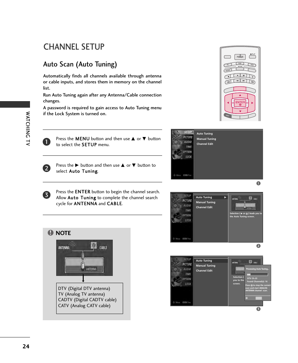 Channel setup, Auto scan (auto tuning), Watching tv | Press the m meen nu u button and then use, Button to select the sseet tu upp menu. press the, Button and then use | LG 32LB9D User Manual | Page 24 / 36