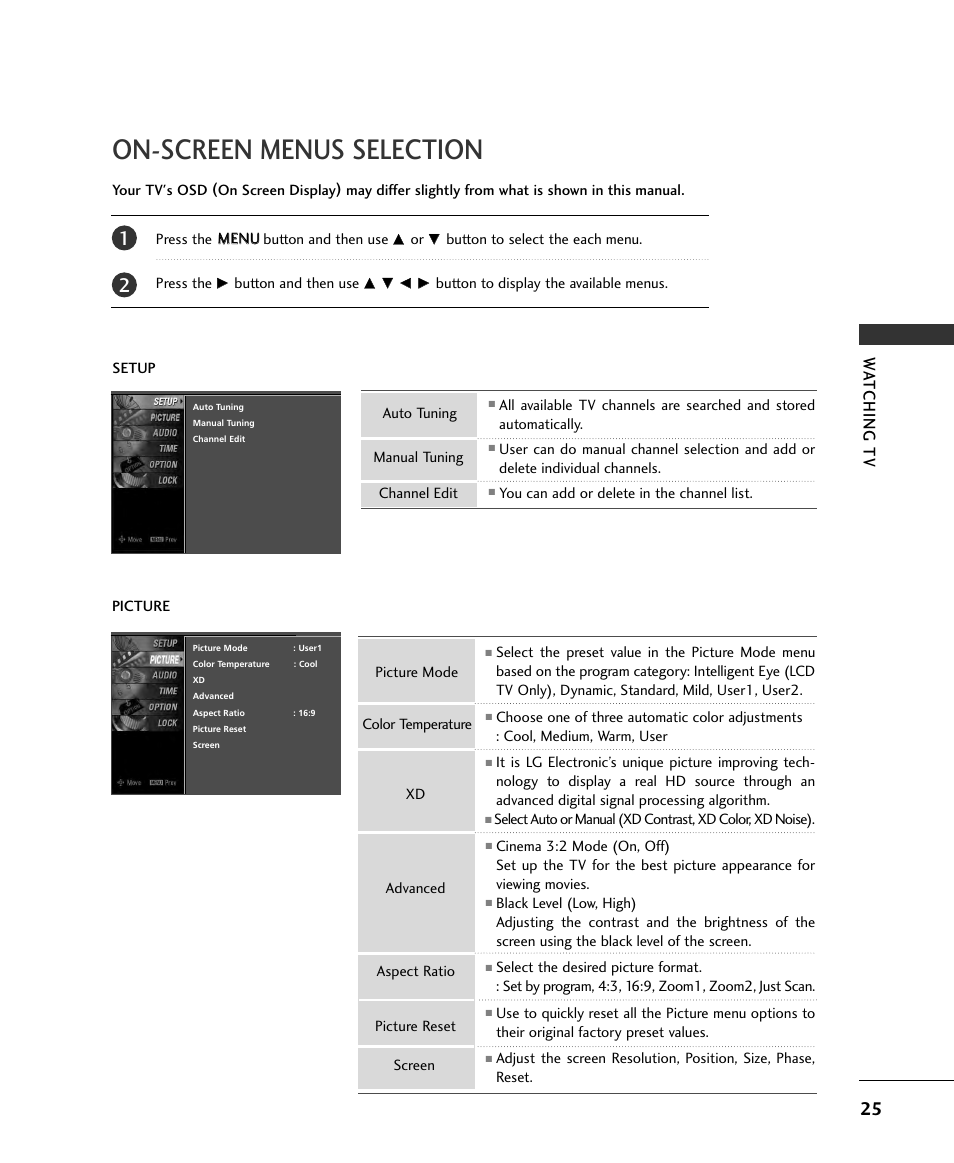 On-screen menus selection, Watching tv | LG 32LB9D User Manual | Page 25 / 36