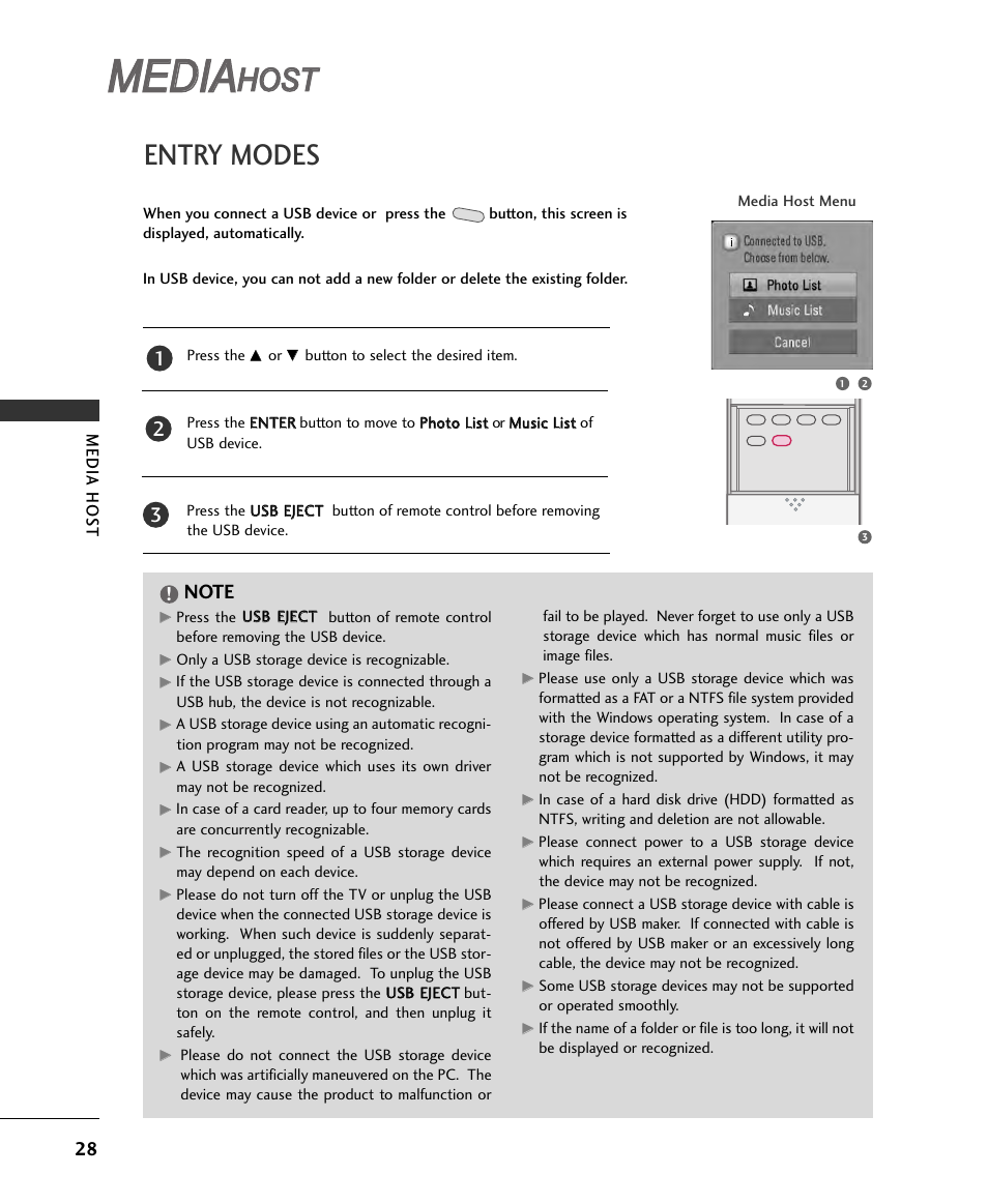 Media, Host, Entry modes | LG 32LB9D User Manual | Page 28 / 36