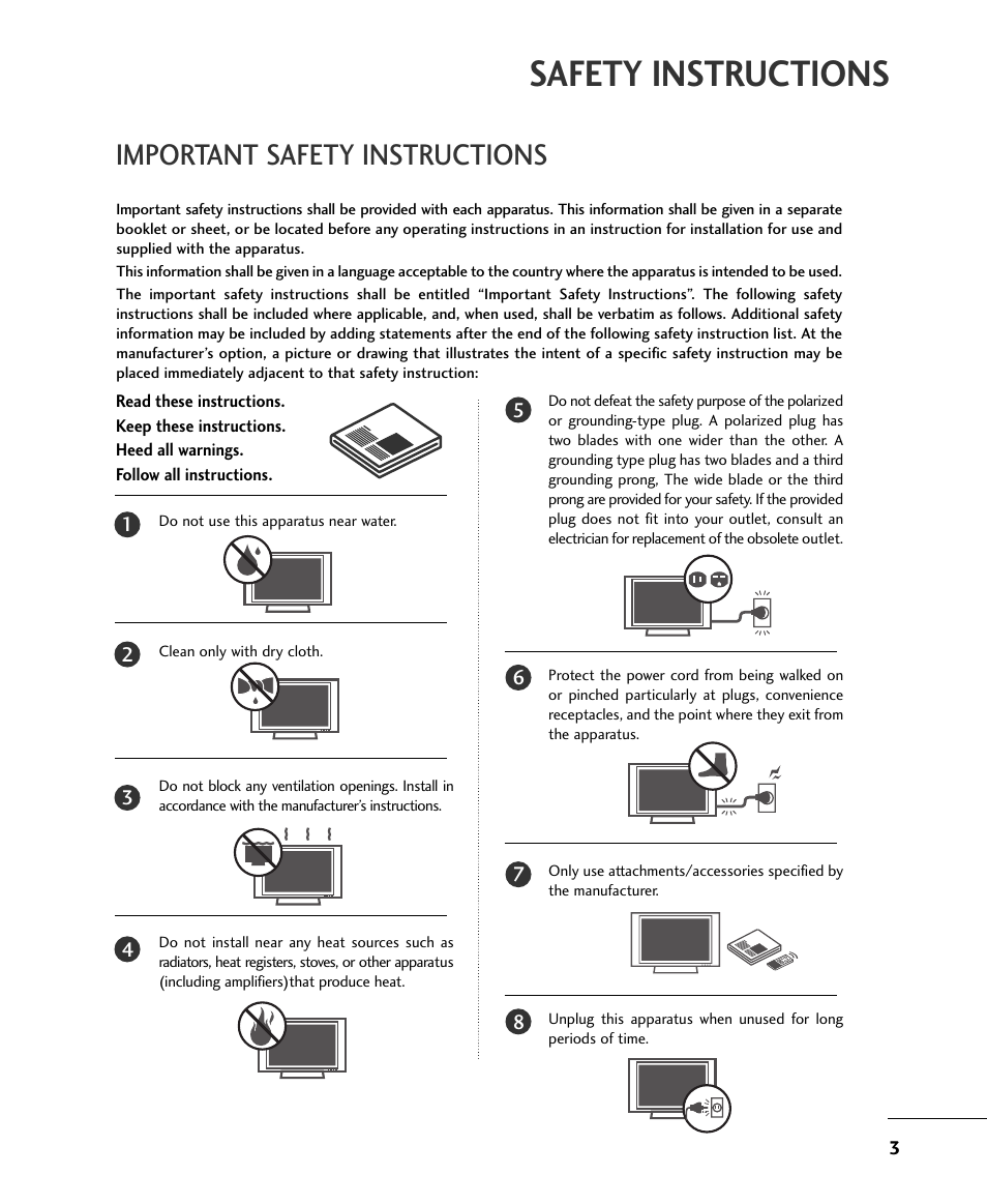 Safety instructions, Important safety instructions | LG 32LB9D User Manual | Page 3 / 36