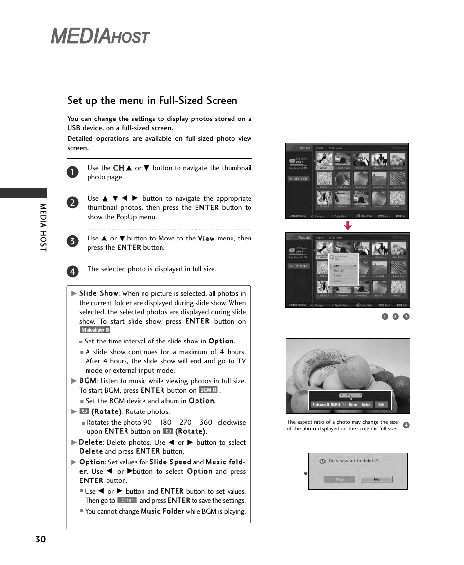 Media, Host, Set up the menu in full-sized screen | LG 32LB9D User Manual | Page 30 / 36