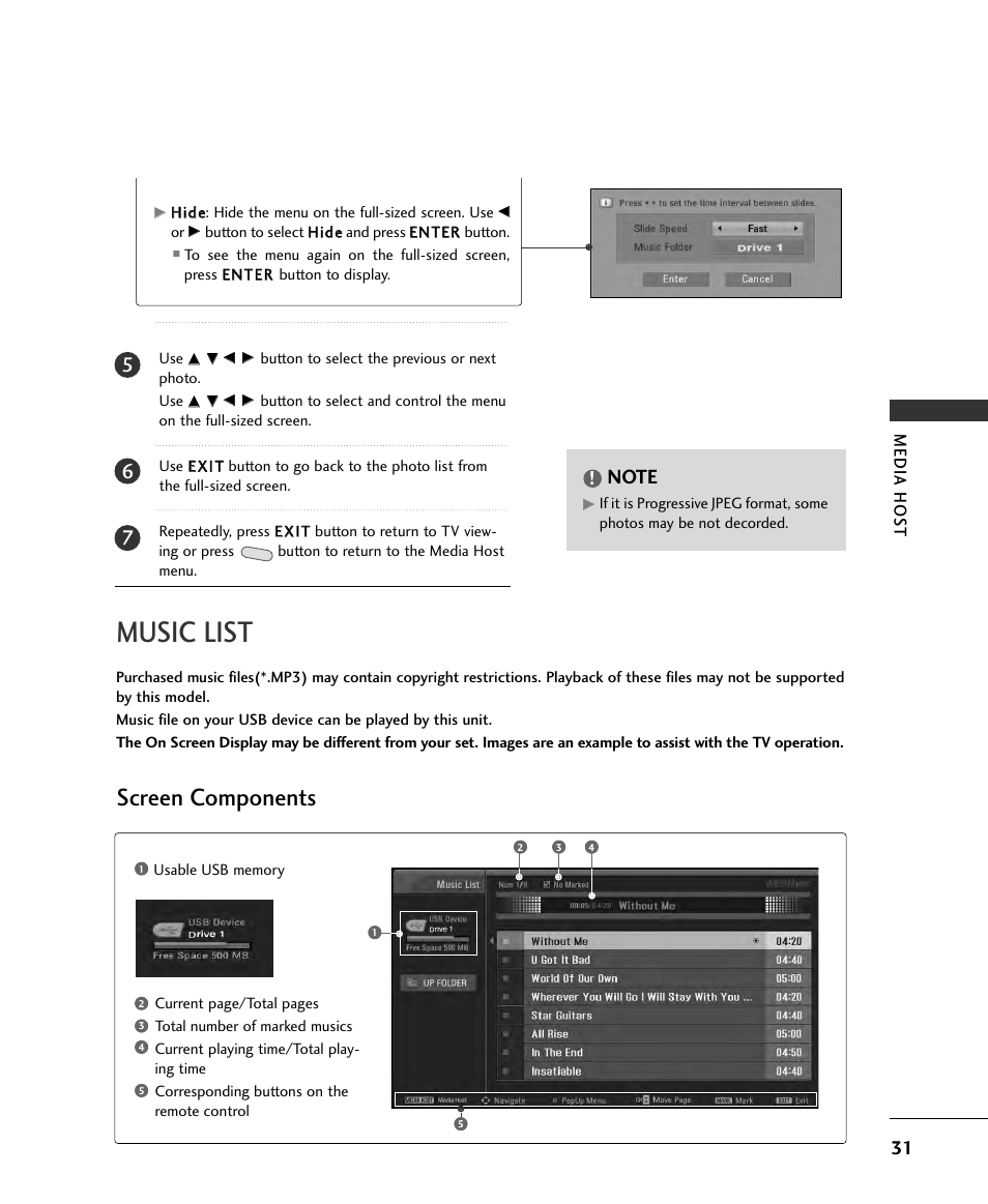 Music list, Screen components | LG 32LB9D User Manual | Page 31 / 36