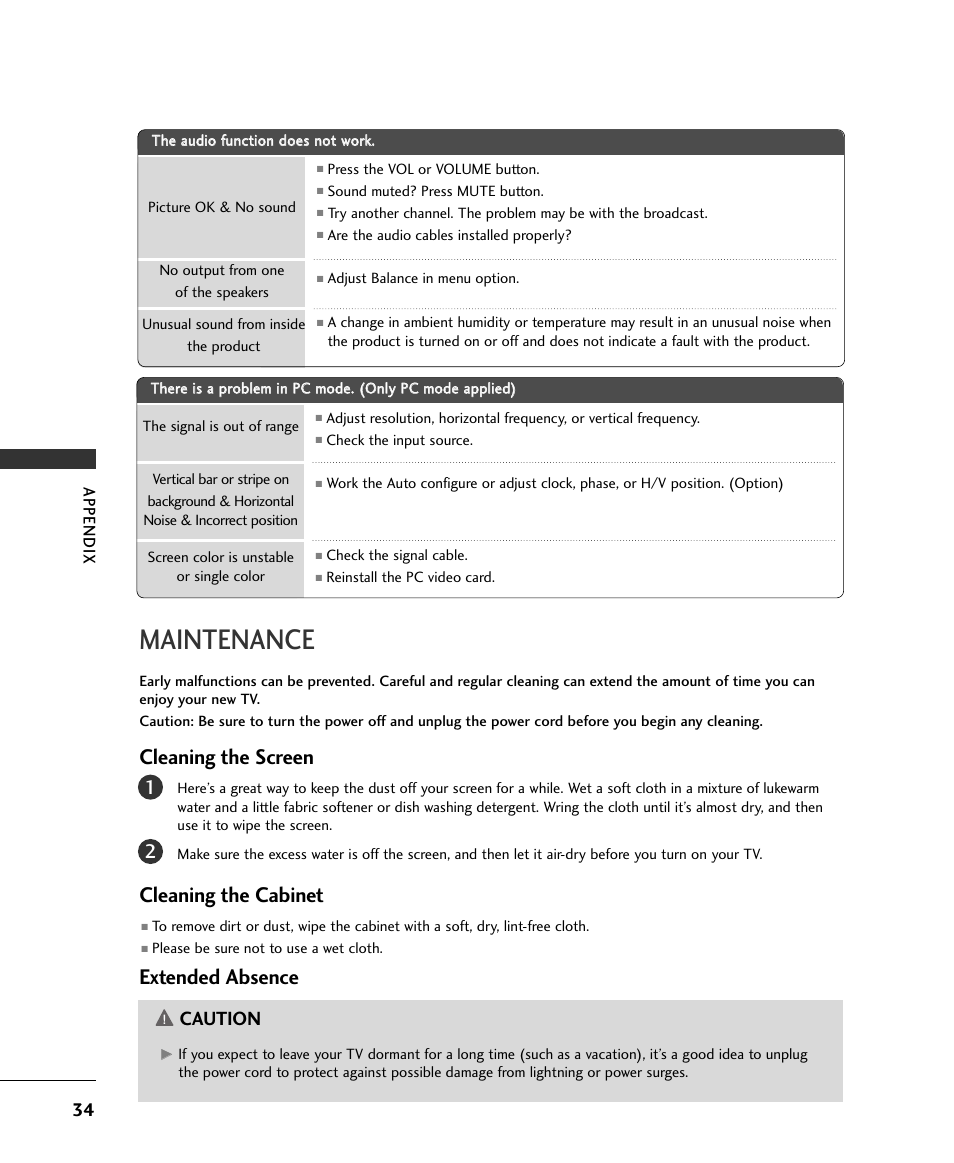 Maintenance, Cleaning the screen, Cleaning the cabinet | Extended absence, Caution | LG 32LB9D User Manual | Page 34 / 36