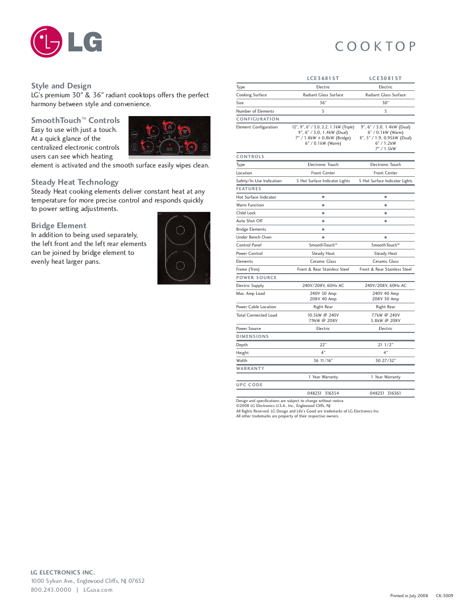 Style and design, Smoothtouch, Controls | Steady heat technology, Bridge element | LG LCE3681 User Manual | Page 2 / 2